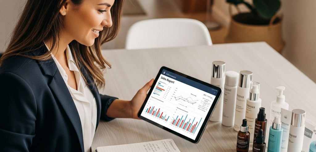 Businesswoman reviewing a digital sales performance report.