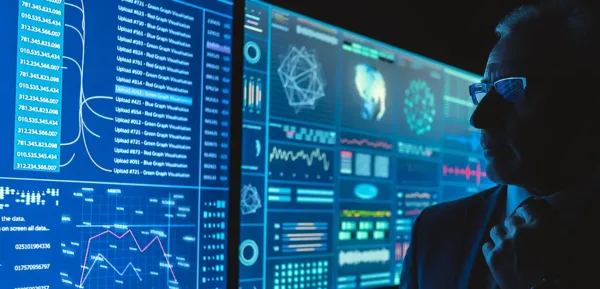 A man analyzing a digital dashboard with data charts and metrics, representing AI-driven insights for sales and business decision-making.