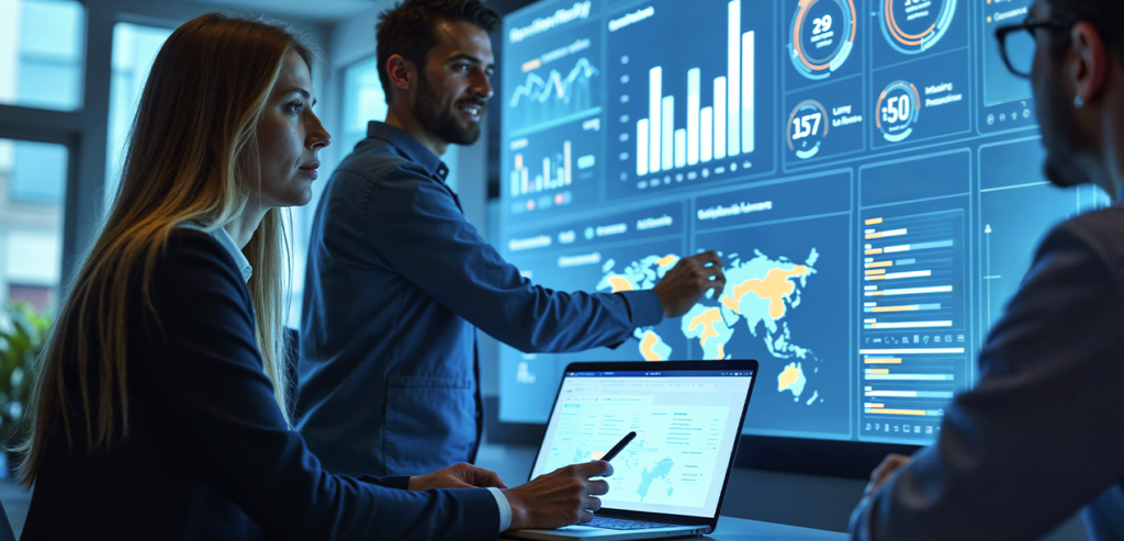团队正围绕数字图表和系统仪表盘协作分析业务数据。